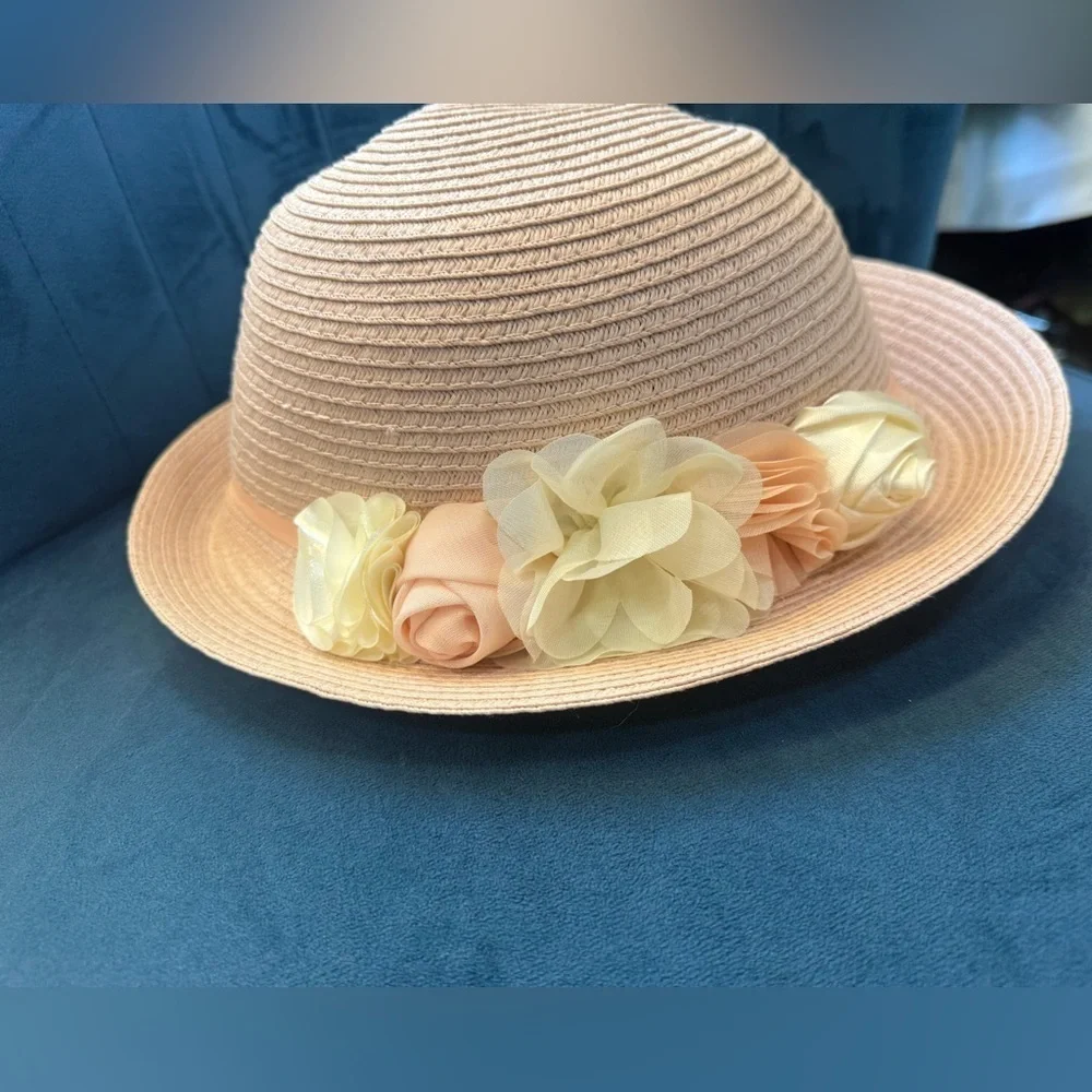 August Hat Company Floral Cloche Sun Hat Garden Party Beige Pink